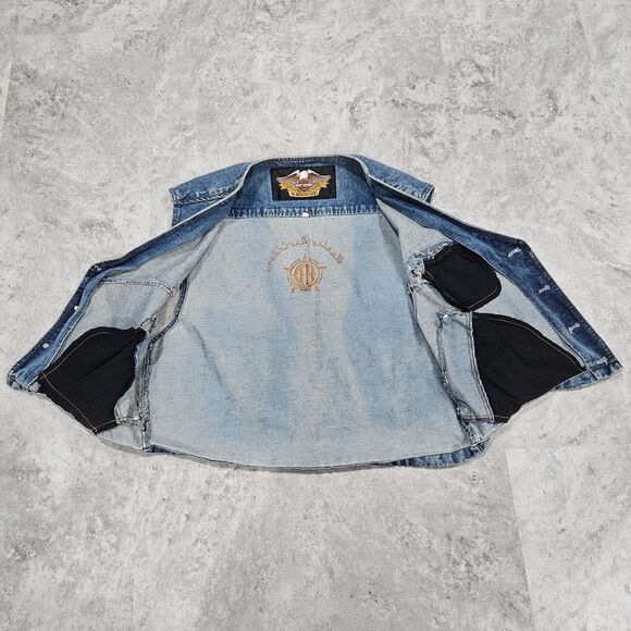 Vintage Harley Davidson cotton Jean Vest Logo Buttons Embroidered Logo Back Sz L - Picture 2 of 7